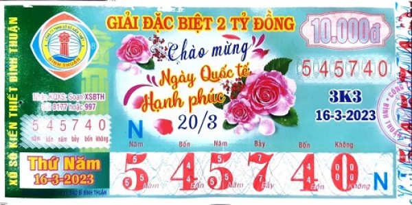 Công ty XSKT Bình Thuận: Công bố tin trúng thưởng kỳ vé 3K3 ngày 16/03/2023