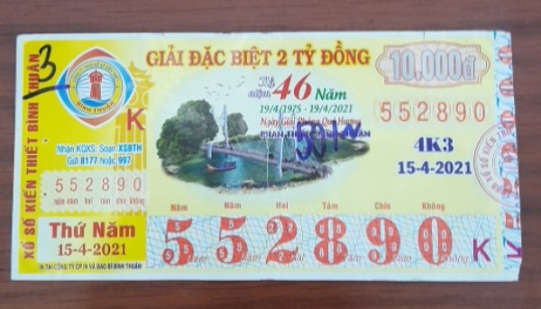 Công ty Xổ số Kiến thiết tỉnh Bình Thuận: Công bố thông tin trả thưởng kỳ vé 4K3