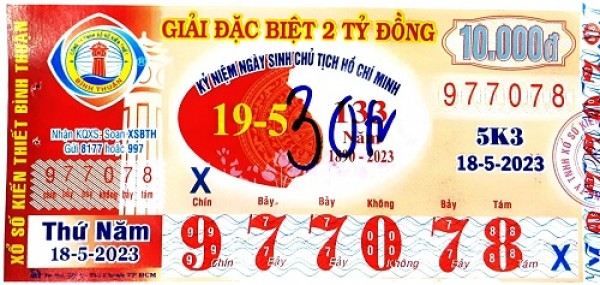 Công ty TNHH MTV Xổ số Kiến thiết Bình Thuận: Công bố thông tin trả thưởng kỳ vé 5K3 Ngày 18 tháng 05 năm 2023