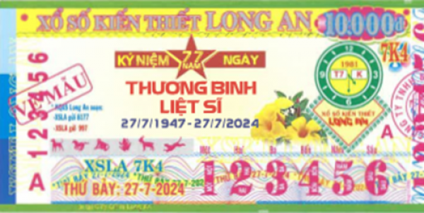 Công ty TNHH MTV xổ số kiến thiết Long An: Kỳ vé 7K4 mở thưởng ngày 27/07/2024. Khách hàng ở tỉnh Kiên Giang đã trúng thưởng.