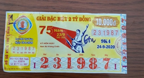 Công ty Xổ số Kiến thiết tỉnh Bình Thuận: Công bố thông tin trả thưởng kỳ vé 9K4