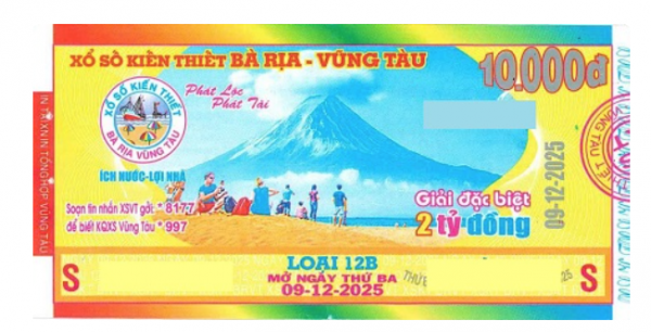 Giải đặc biệt xổ số Vũng Tàu Kỳ vé 12B mở thưởng ngày 09/12/2025