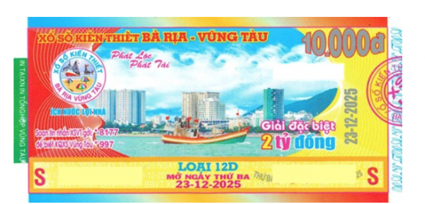 Giải đặc biệt xổ số Vũng Tàu Kỳ vé 12D mở thưởng ngày 23/12/2025