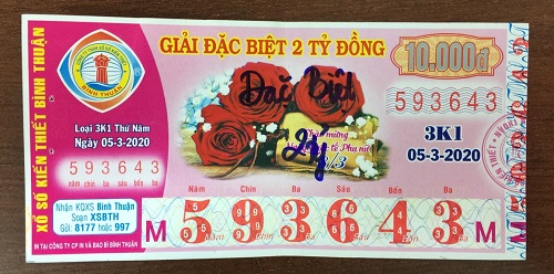 Công ty Xổ số Kiến thiết tỉnh Bình Thuận: Công bố thông tin trả thưởng kỳ vé 3K1