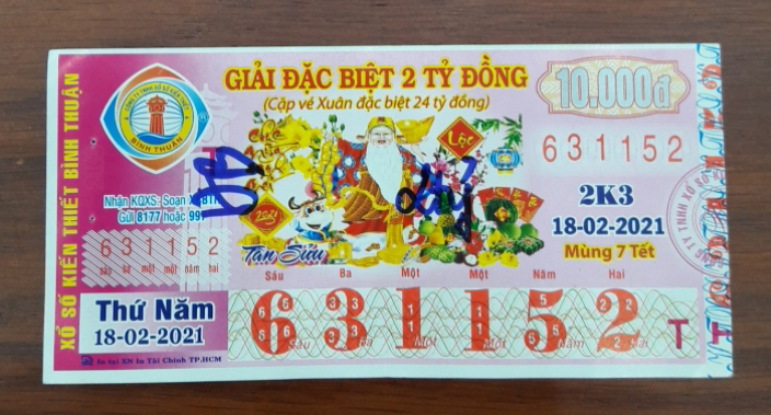 Công ty Xổ số Kiến thiết tỉnh Bình Thuận: Công bố thông tin trả thưởng kỳ vé 2K3