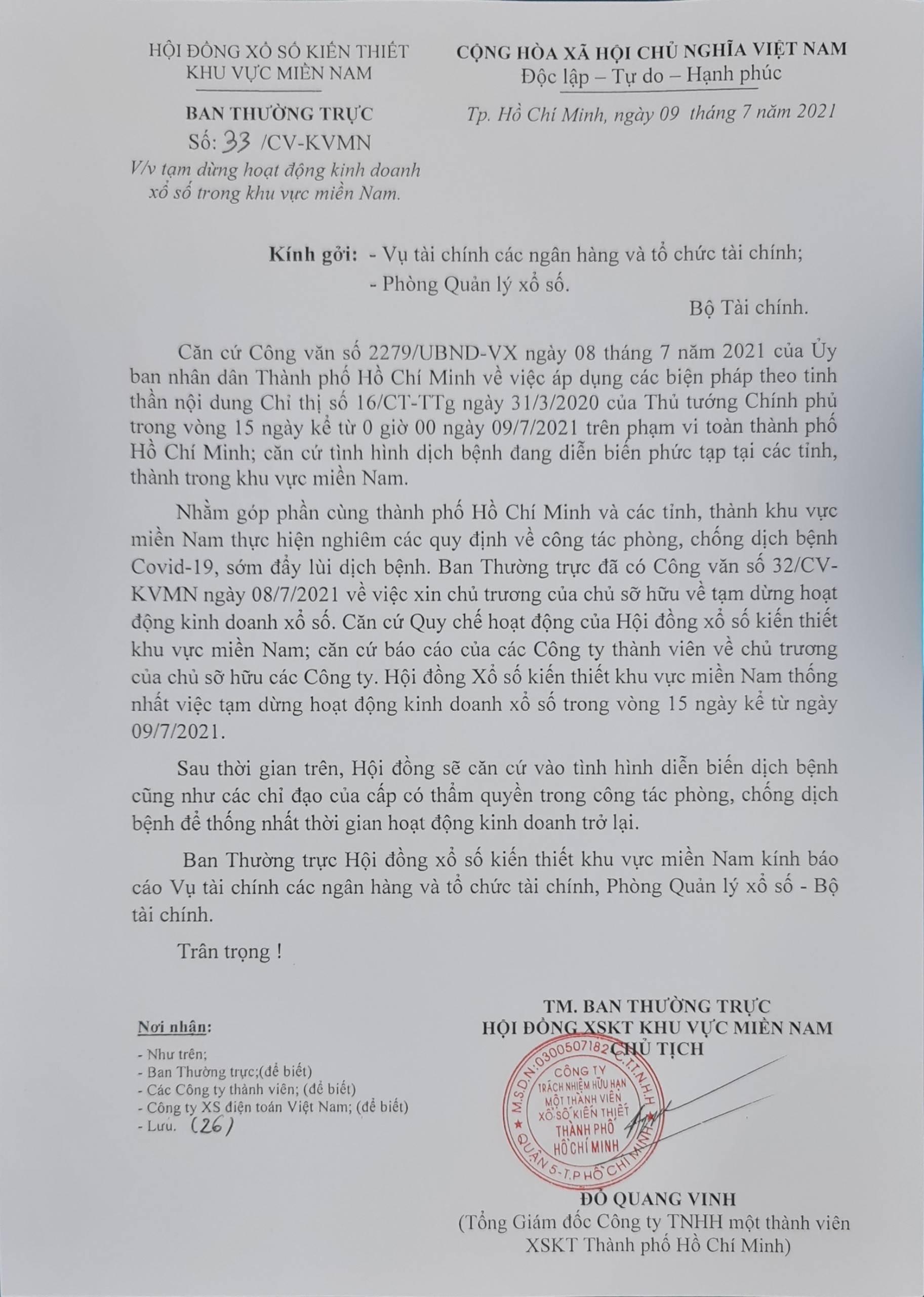 Hội đồng SXKT Miền Nam thông báo v/v tạm dừng hoạt động kinh doanh sổ xố trong khu vực miền Nam