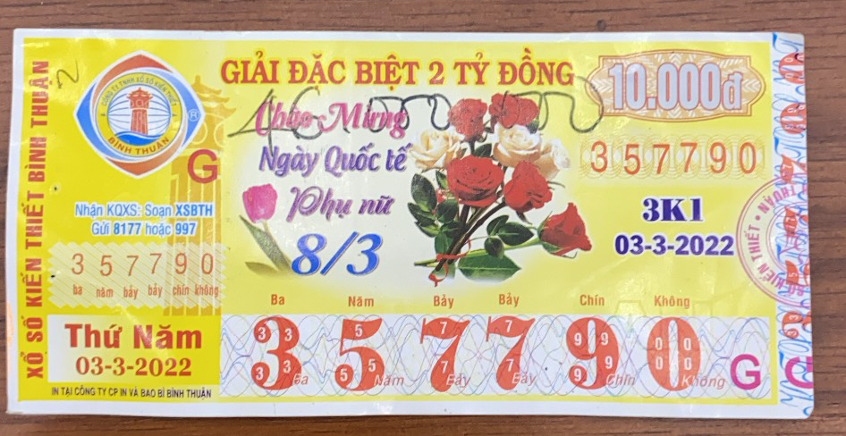 Công ty Xổ số Kiến thiết tỉnh Bình Thuận: Công bố thông tin trả thưởng kỳ vé 3K1-2022