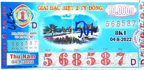 Công ty TNHH MTV Xổ số Kiến thiết Bình Thuận: Công bố thông tin trả thưởng kỳ vé 8K1-2022