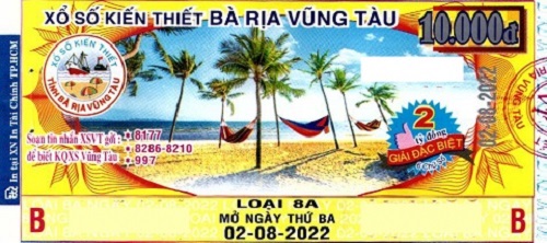 Công ty TNHH MTV Xổ số Kiến thiết  Bà Rịa Vũng Tàu: Công bố thông tin trả thưởng kỳ vé 8A - 2022