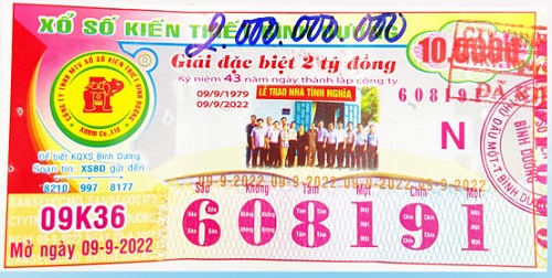 Công ty TNHH MTV Xổ số Kiến thiết Bình Dương: Công bố thông tin trả thưởng kỳ vé 09K36 ngày 09/9/2022