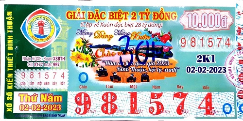 Công ty XSKT Bình Thuận: Công bố thông tin trúng thưởng kỳ vé 2K1 ngày 02/02/2023