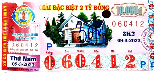 Công ty TNHH MTV Xổ số Kiến thiết Bình Thuận: Công bố thông tin trả thưởng kỳ vé 3K2 ngày 09/03/2023
