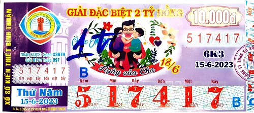 Công bố thông tin trúng thưởng Công ty XSKT Bình Thuận kỳ vé 6K3 Ngày 15 tháng 06 năm 2023