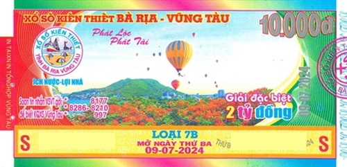 CÔNG TY TNHH MTV XỔ SỐ KIẾN THIẾT TỈNH BÀ RỊA – VŨNG TÀU: Giải đặc biệt Kỳ vé 7B mở thưởng ngày 09/07/2024